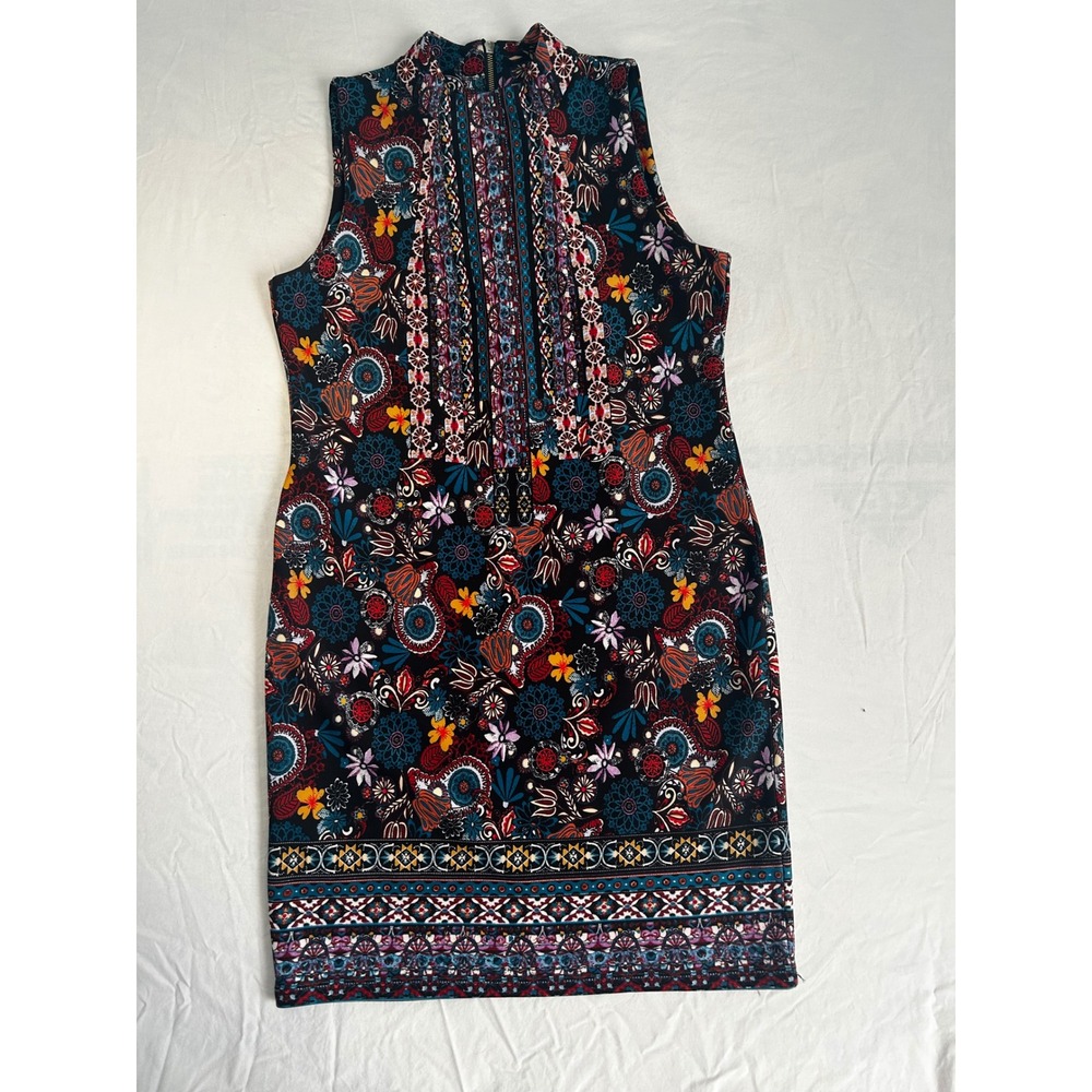 Melissa Paige Petite Floral Mandala Shift Dress Sleeveless Boho Mock Neck PM